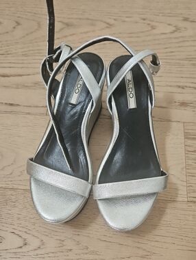 Aldo Metallic Silver Strappy Wedge Sandals